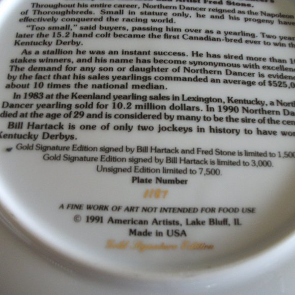 Fred Stone Gold Signature Edition Northern Dancer Collectors Plate - Picture 6 of 7